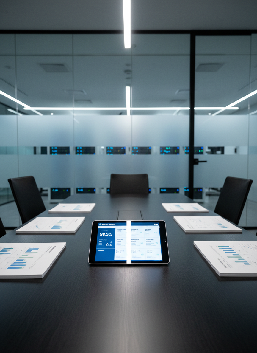 A large, matte-black conference table made of finely grained wood, seen from a slightly elevated, wide-angle perspective. At its center rests a single, high-end tablet displaying a clean dashboard of AI metrics and leadership insights, surrounded by orderly stacks of printed strategy documents with subtle graphs and diagrams. The room is minimalist, with glass walls and a distant, softly blurred view of server racks behind frosted panels. Cool, diffused overhead lighting combines with faint natural daylight, creating gentle reflections and precise edges without harsh glare. Photographic realism with sharp focus throughout, balanced composition using the rule of thirds. The atmosphere feels deliberate, analytical, and poised for informed discussion about AI governance, emphasizing clarity, structure, and executive-level sophistication.