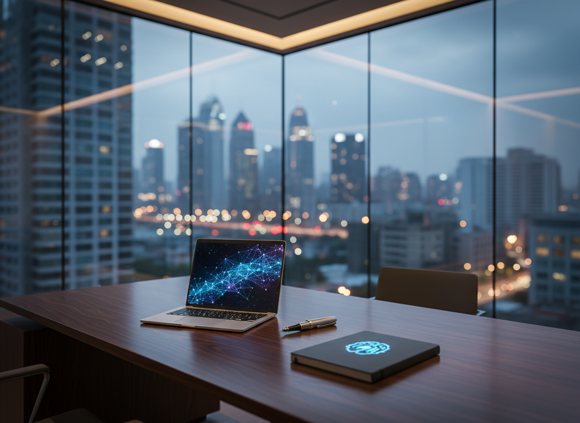 A sleek, glass-walled corner office at dusk, its large oak desk meticulously arranged with an open laptop displaying a subtle neural network visualization, a heavyweight metal fountain pen, and a single hardbound notebook embossed with a minimalist AI icon. Floor-to-ceiling windows reveal a softly blurred city skyline illuminated by cool blue and amber lights. Gentle, indirect LED lighting washes the room, creating crisp reflections on the desk’s satin finish and subtle shadows from the objects. Photographic realism, eye-level composition with a slight three-quarter angle, shallow depth of field emphasizing the desk as the thinking space. The mood is sophisticated, contemplative, and strategic, evoking high-level decision-making in an AI-driven world, with a clean, modern aesthetic and a calm, focused atmosphere.